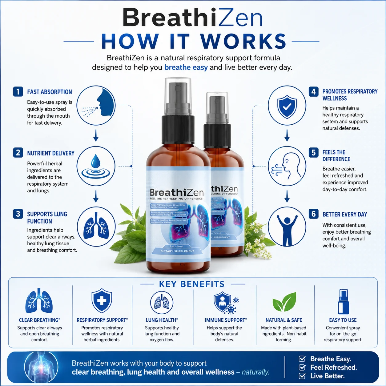 Diagram showing how BreathiZen works, from spray delivery to daily respiratory wellness support